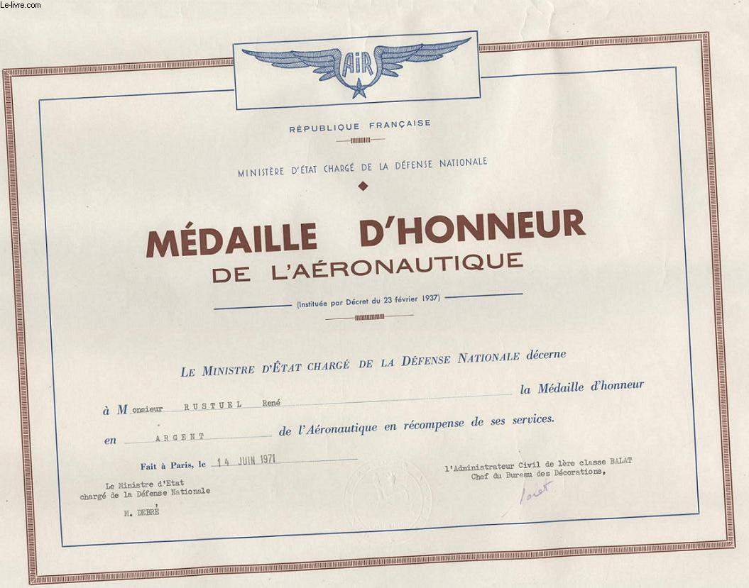DIPLOME / PRIX - MEDAILLE D'HONNEUR DE L'AERONAUTIQUE