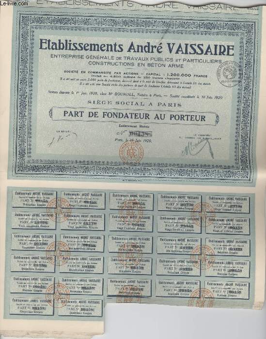 1 PART DE FONDATEUR - ETABLISSEMENTS ANDRE VAISSAIRE