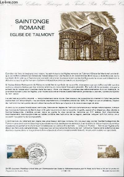 DOCUMENT PHILATELIQUE OFFICIEL N24-85 - SAINTONGE ROMANE - EGLISE DE TALMONT (N2352 YVERT ET TELLIER)