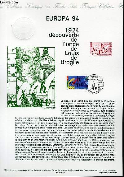 DOCUMENT PHILATELIQUE OFFICIEL - EUROPA 94 - 1924 DECOUVERTE DE L'ONDE DE LOUIS DE BROGLIE (N2879 YVERT ET TELLIER)