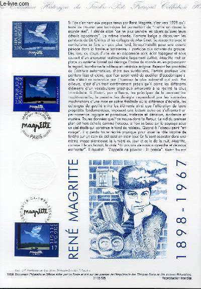 DOCUMENT PHILATELIQUE OFFICIEL - RENE MARGRITTE 1898-1967 (N314 YVERT ET TELLIER)