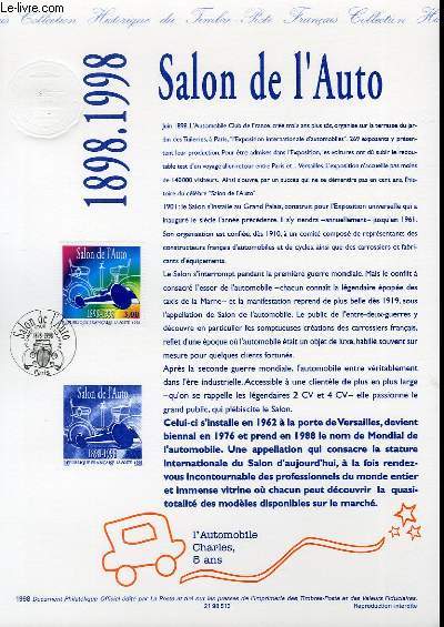DOCUMENT PHILATELIQUE OFFICIEL - SALON DE L'AUTO 1898-1998 (N3186 YVERT ET TELLIER)