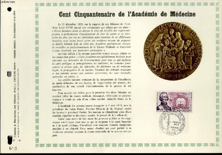 FEUILLET ARTISTIQUE PHILATELIQUE - PAC - 71 - 38 - CENT CINQUANTENAIRE DE L'ACADEMIE DE MEDECINE