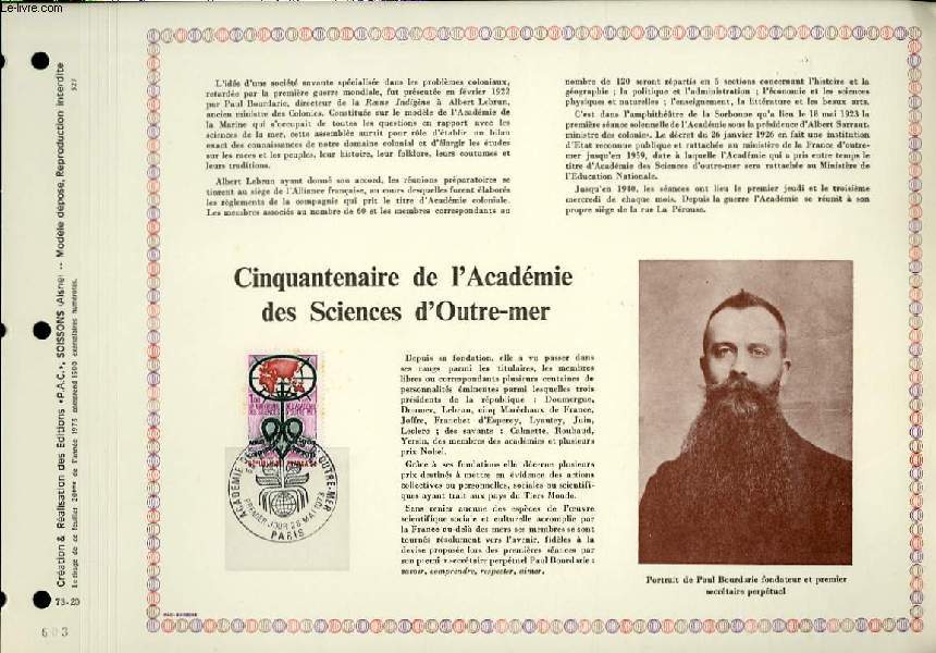 FEUILLET ARTISTIQUE PHILATELIQUE - PAC - 73 - 20 - CINQUANTENAIRE DE L'ACADEMIE DES SCIENCES D'OUTRE-MER
