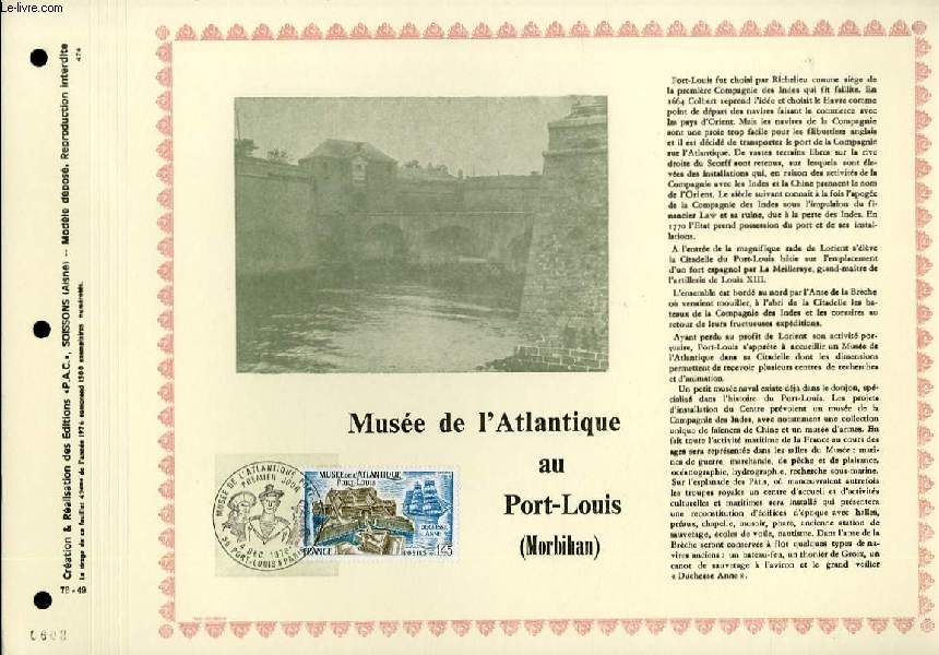 FEUILLET ARTISTIQUE PHILATELIQUE - PAC - 76 - 49 - MUSEE DE L'ATLANTIQUE AU PORT-LOUIS (MORBIHAN)