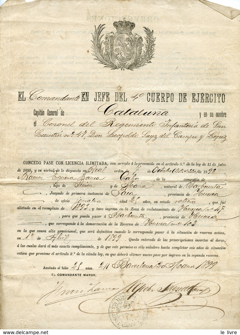 ESPAGNE CATALOGNE DOCUMENT 1899 EL COMMANDANTE EN JEFE DEL CUERPO DE EJERCITO CAPITAN GENELA DE CATALUNA