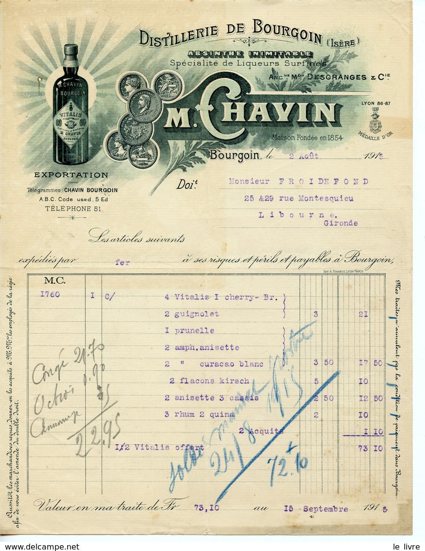 FACTURE DISTILLERIE DE BOURGOIN (ISERE) M. CHAVIN 1915 ABSINTHE INIMITABLE
