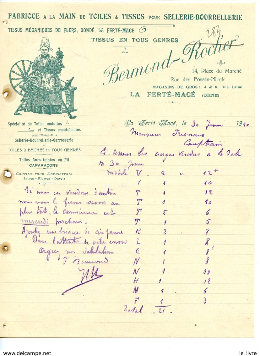 FACTURE FABRIQUE TOILE ET TISSUS SELLERE-BOURELLERIE BERMOND-ROCHER A LA FERTE-MACE (ORNE) 1910