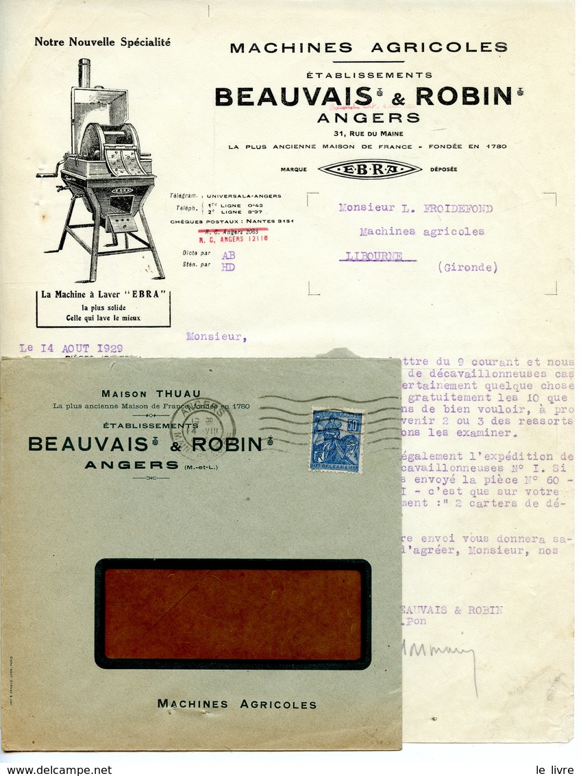 FACTURE AVEC ENVELOPPE MACHINES AGRICOLES BEAUVAIS & ROBIN A ANGERS 1929