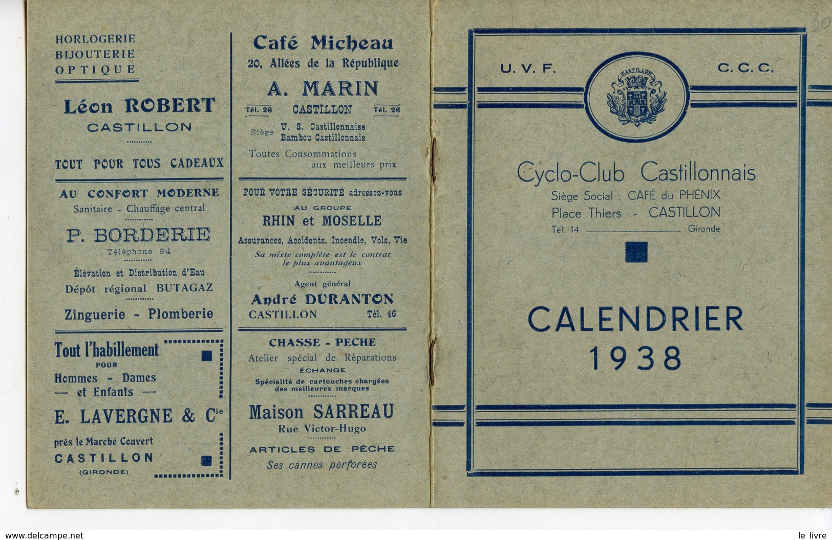 BROCHURE CALENDRIER 1938 DU CYCLO-CLUB CASTILLONNAIS. CAFE DU PHENIX. CASTILLON (33)