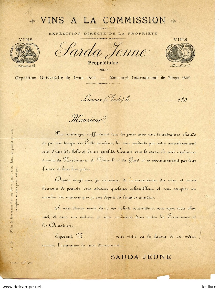 CIRCULAIRE COMMERCIALE VINS A LA COMMISSION SARDA JEUNE A LIMOUX 1898