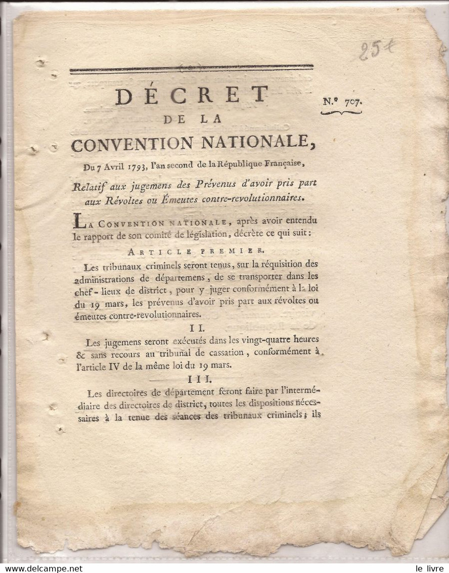DECRET 1793 RELATIF AUX JUGEMENTS DES PREVENUS D'AVOIR PRIS PART AUX REVOLTES CONTRE-REVOLUTIONNAIRES