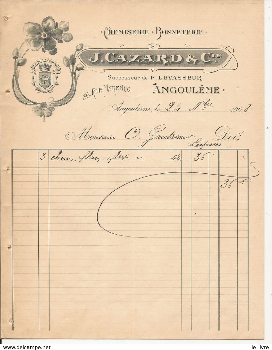 ANGOULEME 16 FACTURE 1908 CHEMISERIE BONNETERIE CAZARD
