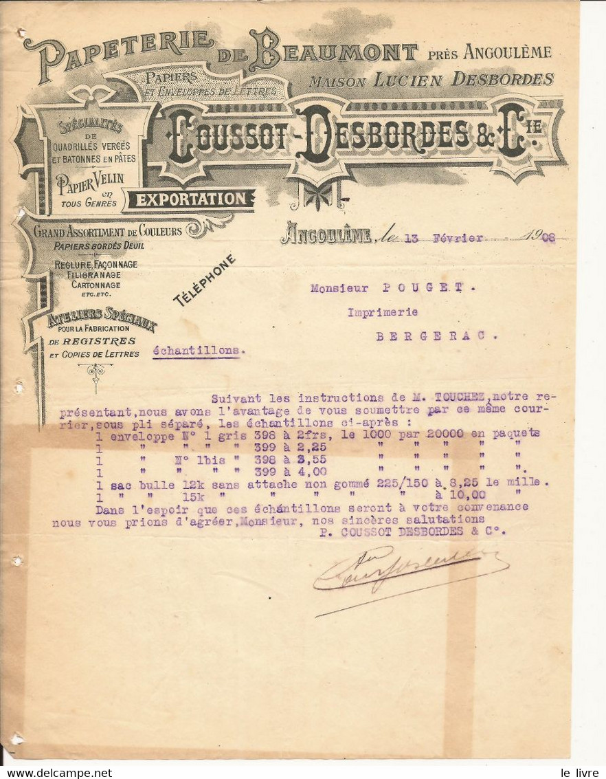 ANGOULEME 16 FACTURE 1908 PAPETERIE DE BEAUMONT COUSSOT-DESBORDES