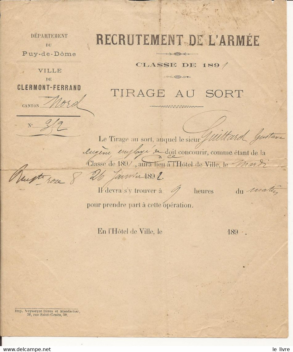 MILITARIA CLERMONT-FERRAND 63 CONVOCATION POUR LE TIRAGE AU SORT CLASSE 1891