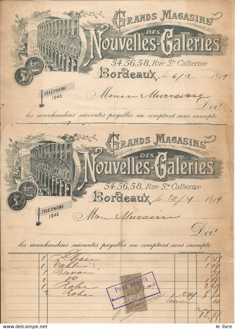 BORDEAUX 33 LOT DE 2 FACTURES GRANDS MAGASINS NOUVELLES GALERIES 1899