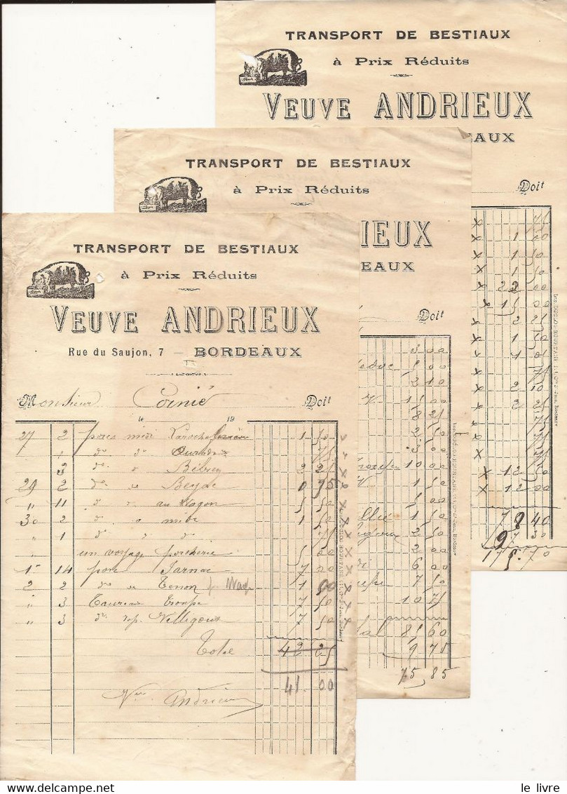 BORDEAUX 33 LOT DE 3 FACTURETTES TRANSPORT DE BESTIAUX VEUVE ANDRIEUX 1915