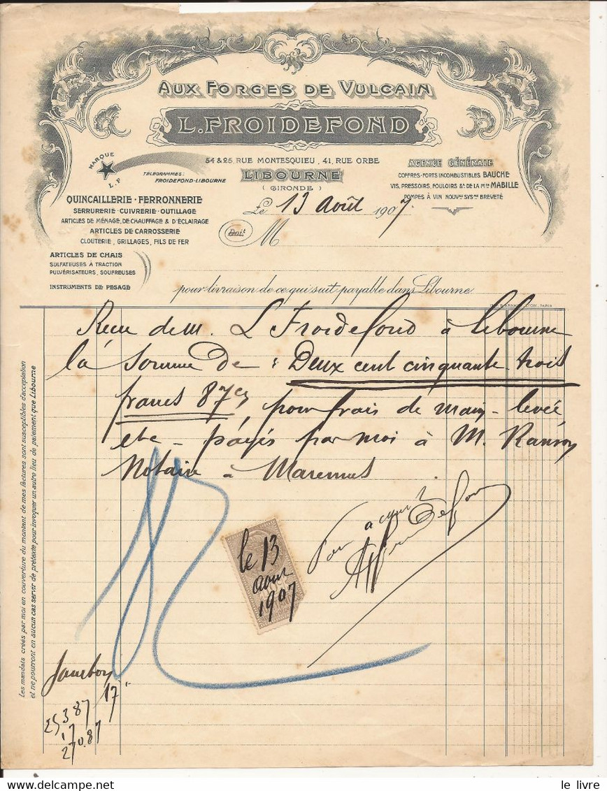 LIBOURNE 33 GIRONDE LOT 4 FACTURES DIFFERENTES FORGES DE VULCAIN QUINCAILLERIE FERRONERIE FROIDEFOND 1902 1907