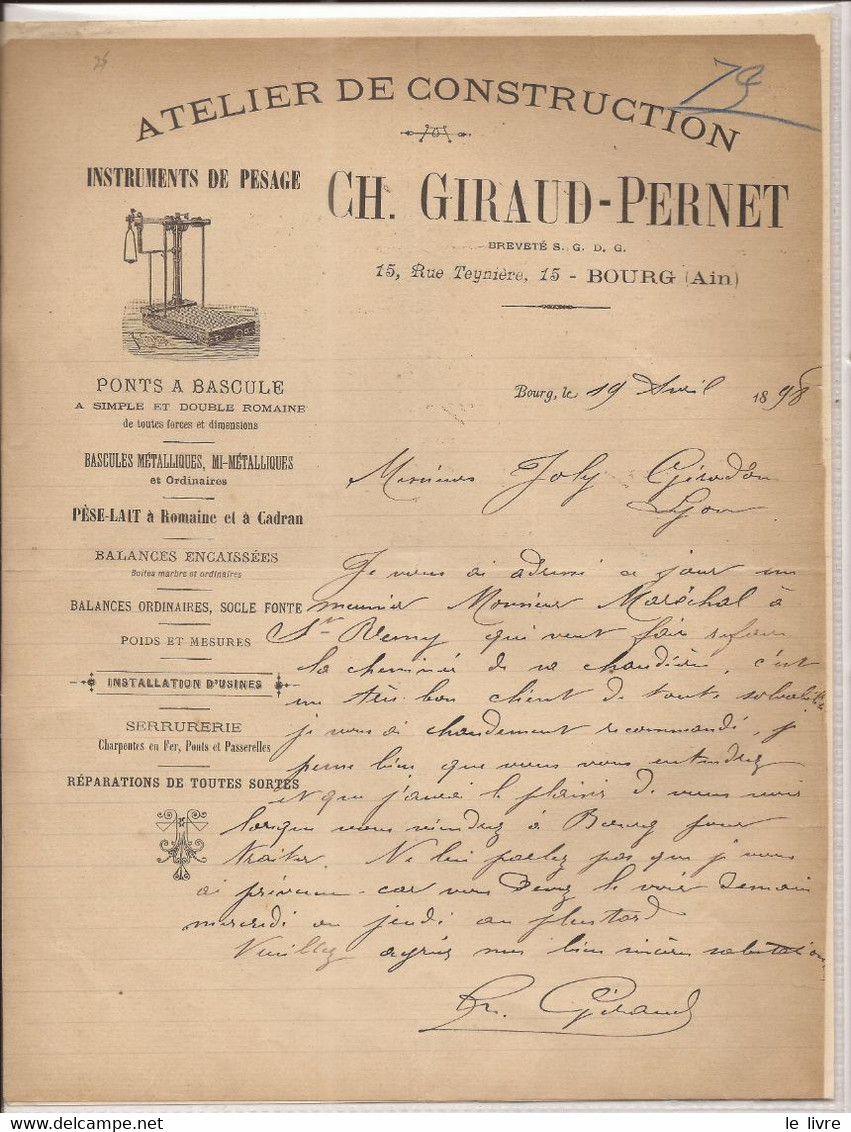 FACTURE ATELIER DE CONSTRUCTION GIRAUD INSTRUMENTS DE PESAGE BASCULES A BOURG AIN 1898