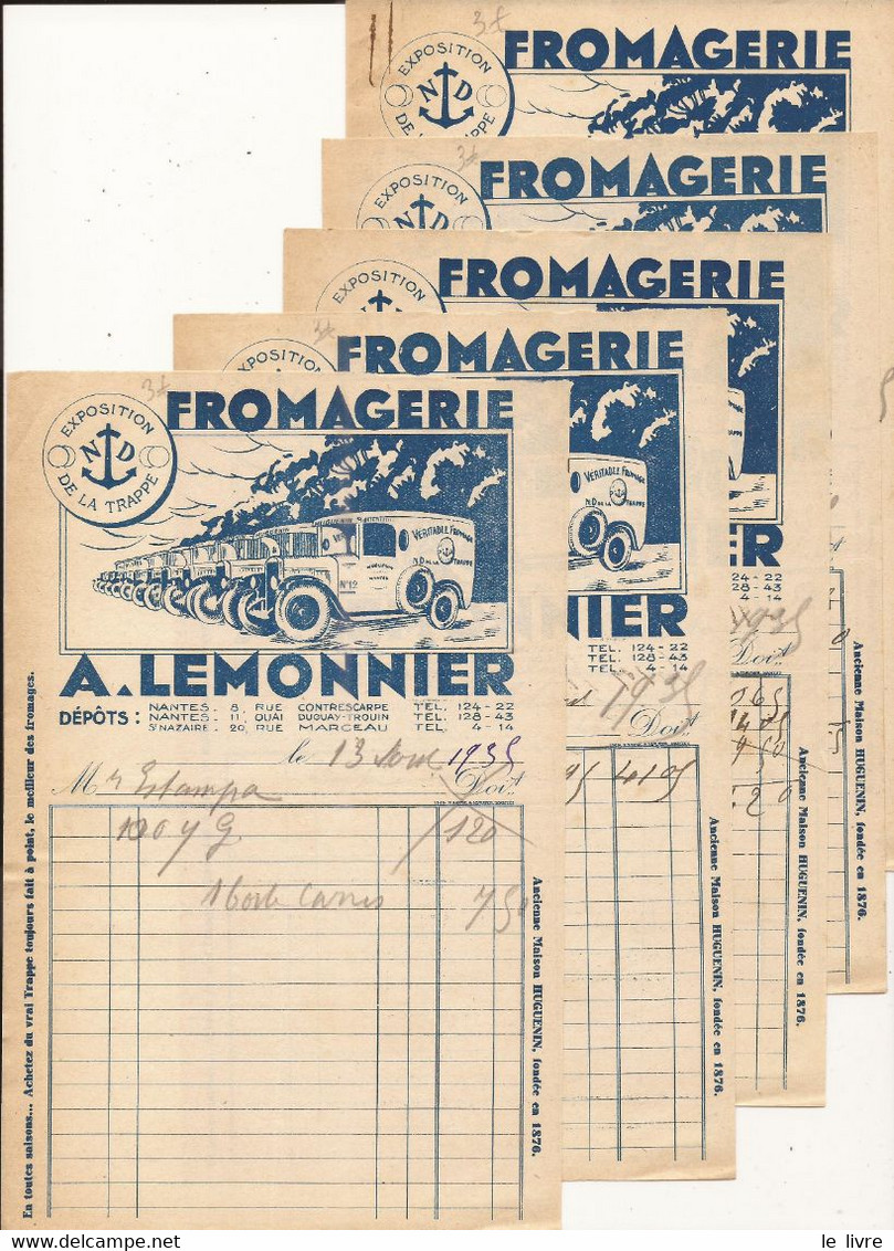 LOT DE 5 FACTURETTES FROMAGERIE LEMONNIER A NANTES ST-NAZAIRE 1935 ILLUSTREES AVEC LES VOITURES DE LIVRAISON