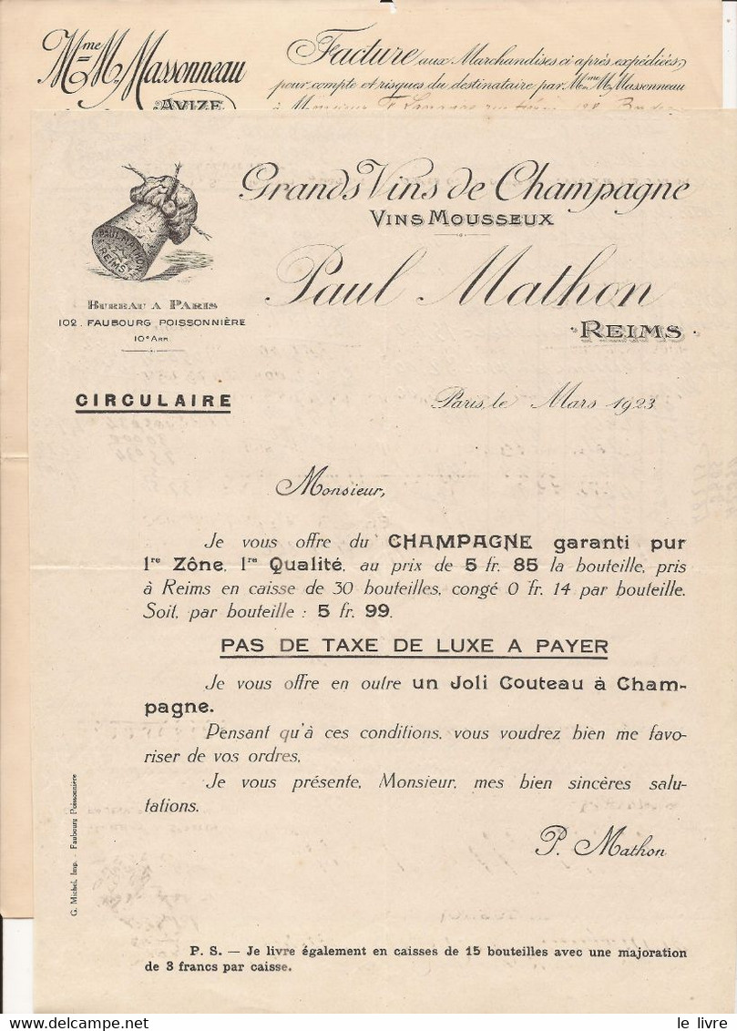 CHAMPAGNE LOT FACTURE MASSONNEAU A AVIZE 1898 ET COURRIER COMMERCIAL PAUL MATHON A PARIS 1923