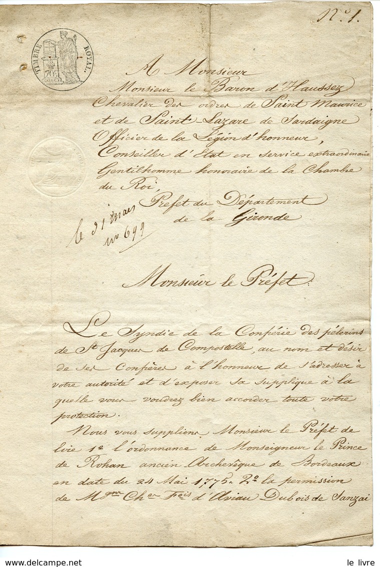 BORDEAUX 1829. LAS SYNDIC CONFRERIE DES PELERINS DE SAINT JACQUES DE COMPOSTELLE DEMANDANT LEURS REUNION A ST MICHEL