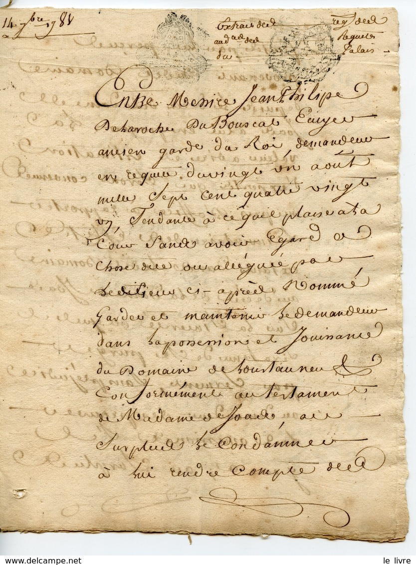 FISCAL GENERALITE BORDEAUX 1781. ACTE CONCERNANT MESSIRE DEBAROCHE DU BOUSCAT SUCCESION Mme JOAU. SIGN RAZAC..DUBOSQ