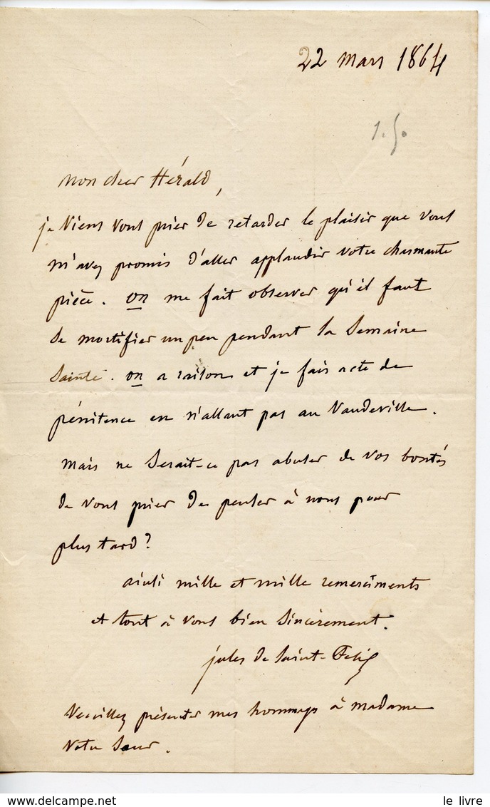 ECRIVAIN FRANCAIS JULES DE SAINT-FELIX. LAS 1864