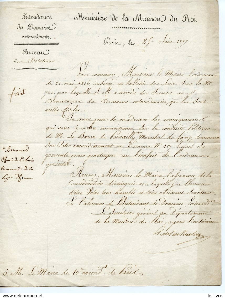 MINISTERE DE LA MAISON DU ROI (LOUIS XVIII) 1817. LAS DU BUREAU DES DOTATIONS ADRESSEE AU MAIRE DU 10 ARR. DE PARIS