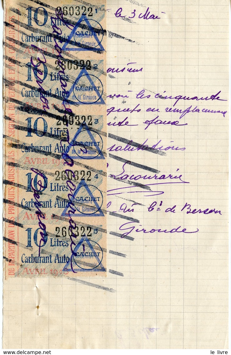 RATIONNEMENT BORDEREAU DE FAUX TICKETS DE CARBURANT AUTO GIRONDE BEL-AIR (BERSON) 1948
