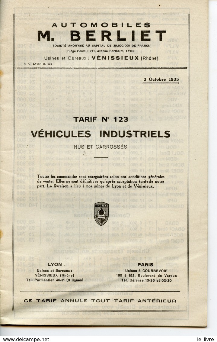 BERLIET VENISSIEUX 1935. LOT DE 2 DOCUMENTS CONTRAT DE GARAGISTE A LIBOURNE 33 ET TARIF DES VEHICULES INDUSTRIELS