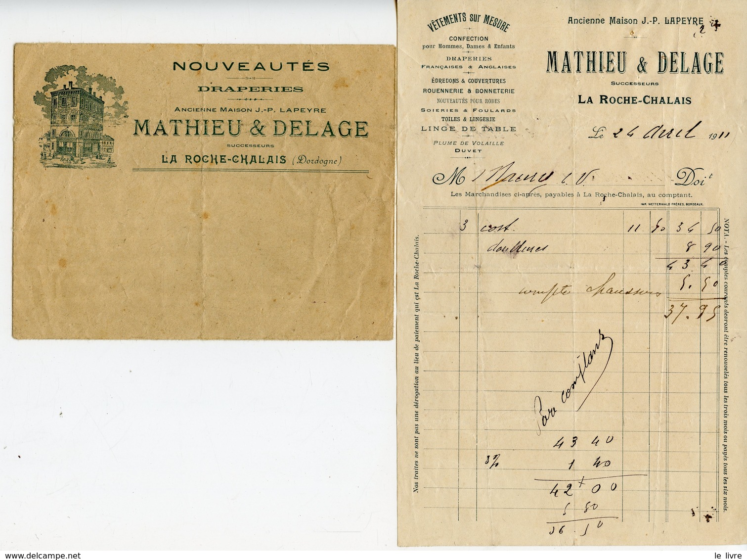 LA ROCHE-CHALAIS 24. PETITE FACTURE AVEC ENVELOPPE MATHIEU & DELAGE DRAPERIES NOUVEAUTES 1911