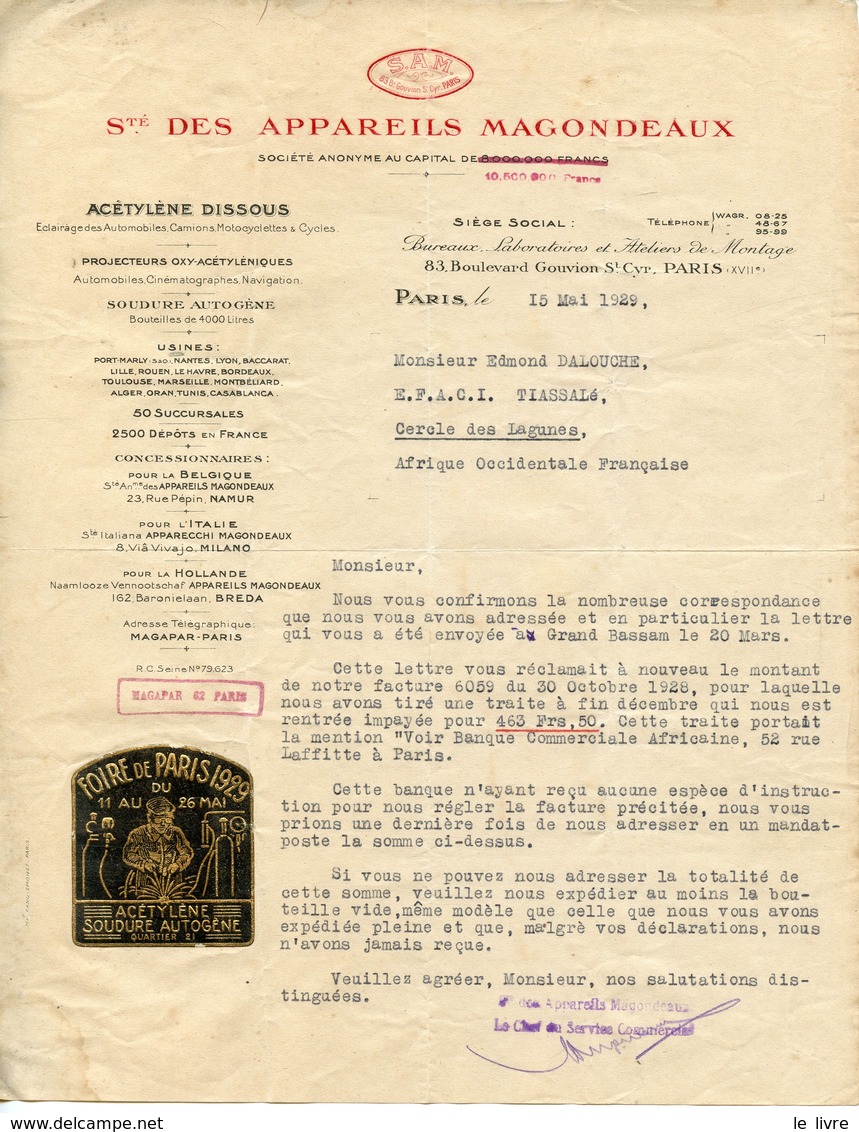 LETTRE COMMERCIALE 1929 DES APPAREILS MAGONDEAUX SOUDURE AUTOGENE ADRESSEE AU CERCLE DES LAGUNES DE TIASSAL AOF