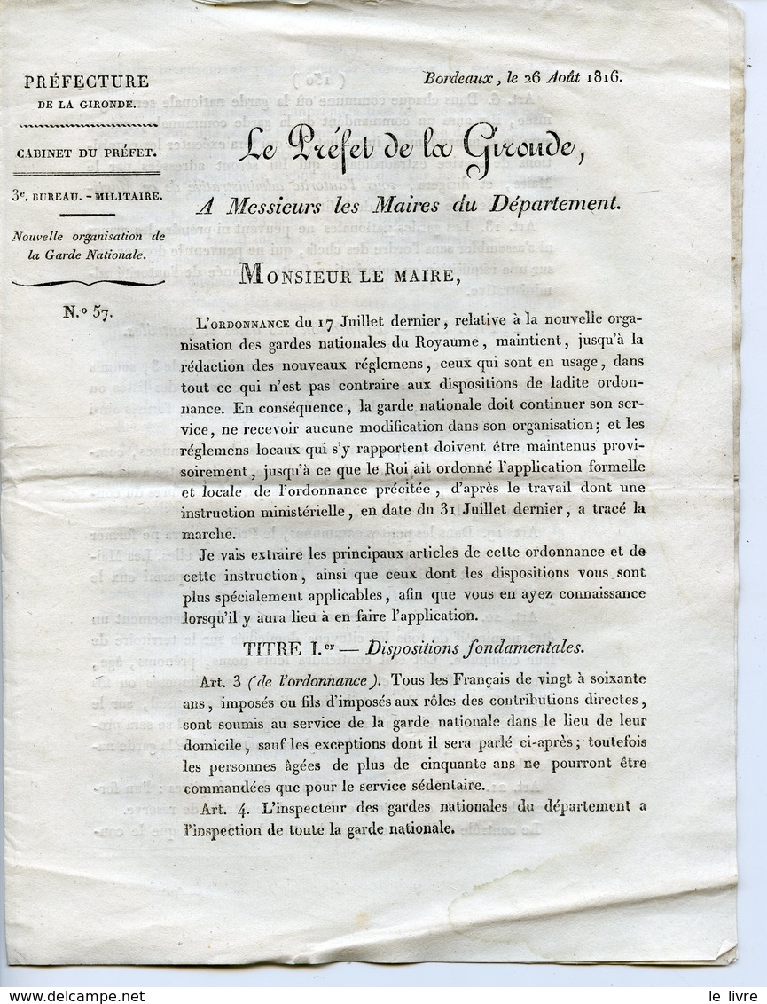 CIRCULAIRE DU PREFET DE GIRONDE 1816 ORGANISATION DES GARDES NATIONALES DU ROYAUME