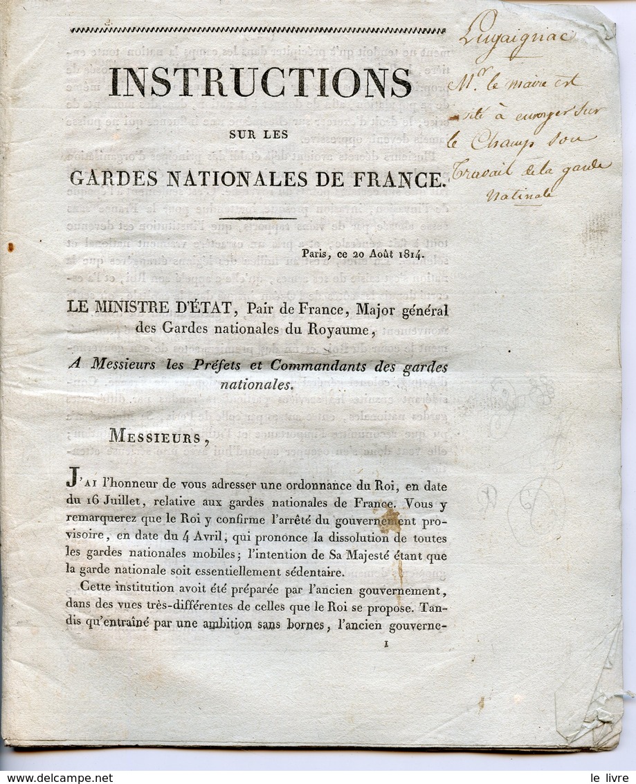 LUGAIGNAC 33 INSTRUCTION SUR LES GARDES NATIOANLES DE FRANCE 1814
