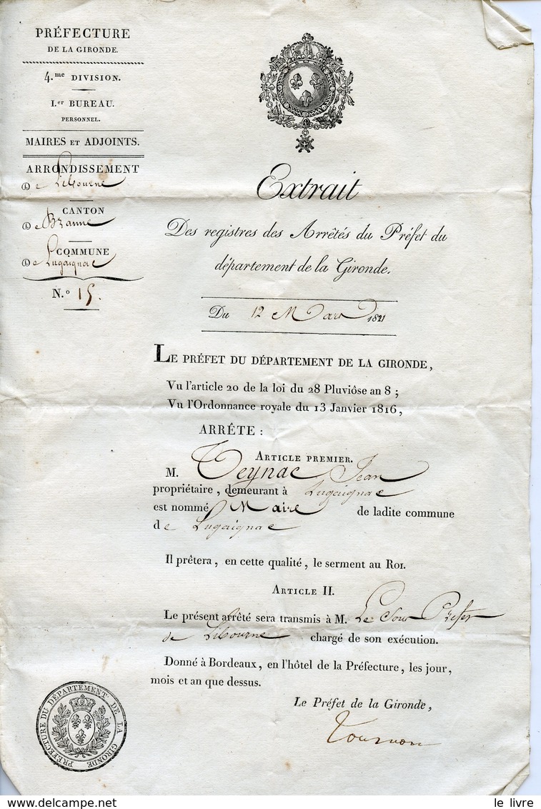 GIRONDE 33 NOMINATION DU MAIRE DE LUGAIGNAC PAR LE PREFET 1821