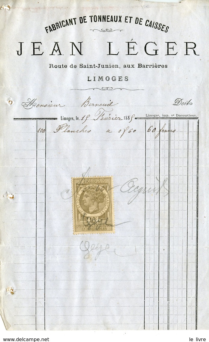 LIMOGES PETITE FACTURE JEAN LEGER FABRICANT DE TONNEAUX ET CAISSES 1885