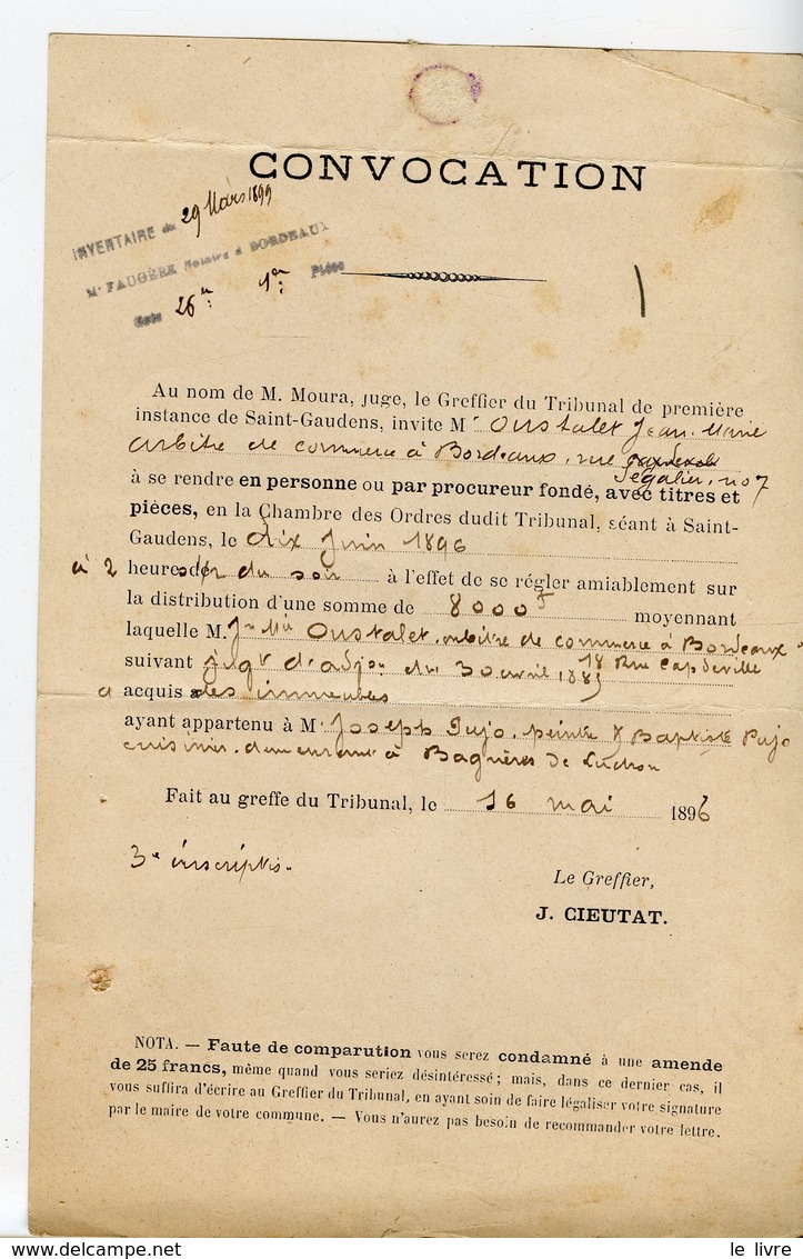 SAINT-GAUDENS 1896 CONVOCATION AU TRIBUNAL POUR REGLEMENT AMIABLE TIMBRE CACHETS RECOMMANDE
