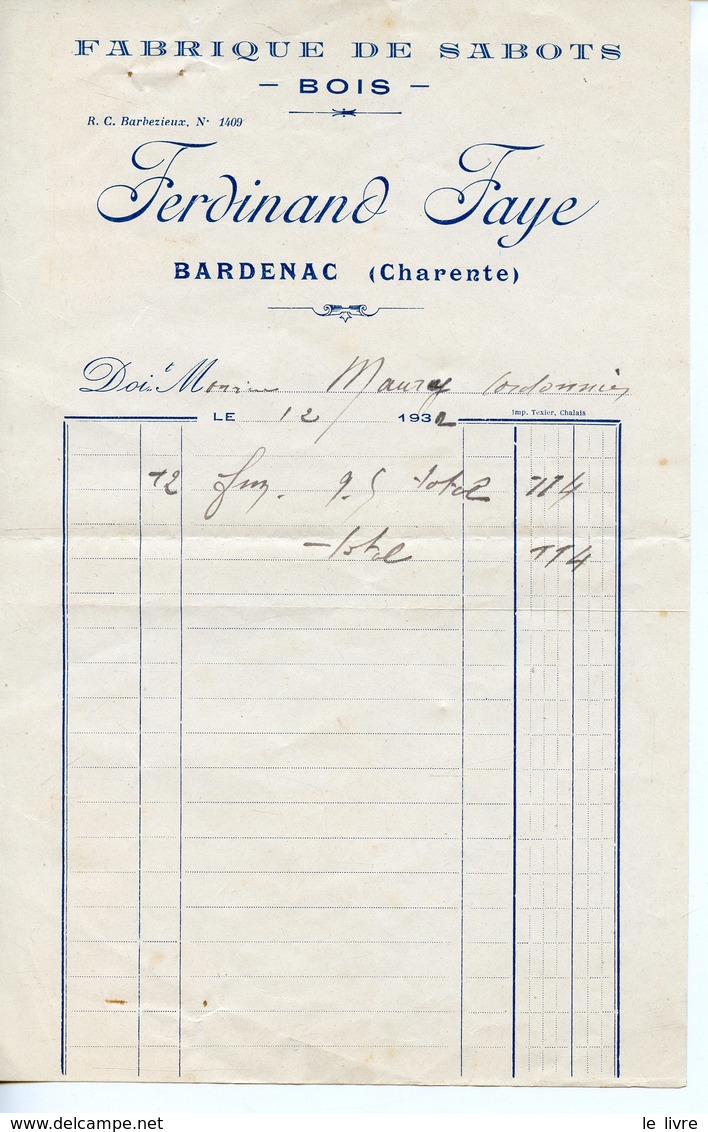 BARDENAC 16 PETITE FACTURE ET ENVELOPPE FABRIQUE DE SABOTS DE BOIS FAYE 1932