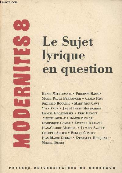 Le Sujet lyrique en question - Collection modernits n8.
