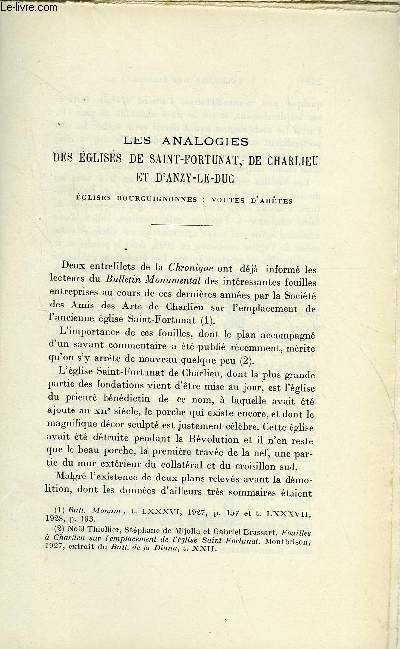 BULLETIN MONUMENTAL 88e VOLUME DE LA COLLECTION N3-4 - LES ANALOGIES DES EGLISES DE SAINT-FORTUNAT, DE CHARLIEU ET D'ANZY-LE-DUC PAR JEAN VALLERY-RADOT