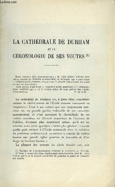 BULLETIN MONUMENTAL 89e VOLUME DE LA COLLECTION N1-2 - LA CATHEDRALE DE DURHAM ET LA CHRONOLOGIE DE SES VOUTES PAR JOHN BILSON