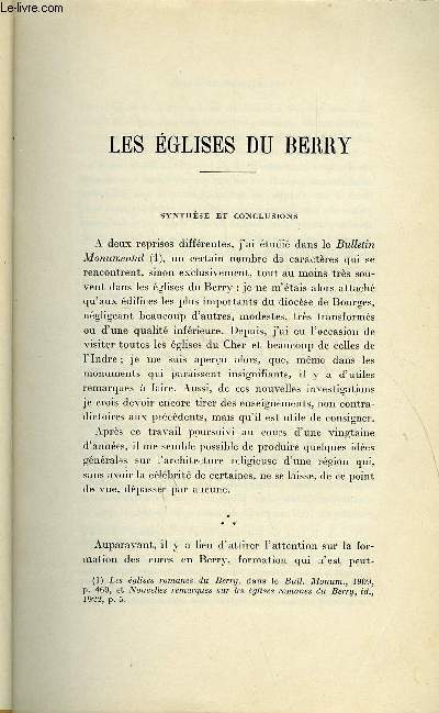BULLETIN MONUMENTAL 90e VOLUME DE LA COLLECTION N1-2 - LES EGLISES DU BERRY PAR DESHOULIERES
