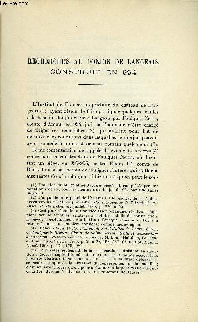 BULLETIN MONUMENTAL 90e VOLUME DE LA COLLECTION N1-2 - RECHERCHES AU DONJON DE LANGEAIS CONSTRUIT EN 994 PAR ADRIEN BLANCHET