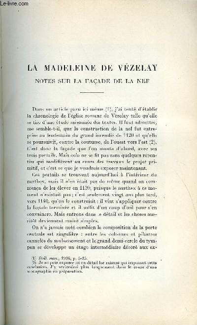BULLETIN MONUMENTAL 99e VOLUME DE LA COLLECTION N2, 3, 4 - LA MADELEINE DE VEZELAY - NOTES SUR LA FACADE DE LA NEF PAR FRANCIS SALET