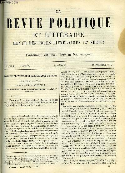 LA REVUE POLITIQUE ET LITTERAIRE 7e ANNEE - 1er SEMESTRE N20 - LA CRITIQUE BIBLIQUE PAR SABATIER, THOMAS DE QUINCEY PAR LEO QUESNEL, M.THIERS ET LE ROI LOUIS-PHILIPPE EN 1848