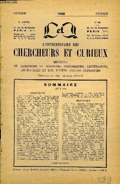 L'INTERMEDIAIRE DES CHERCHEURS ET CURIEUX N 83 - QUESTIONS 97 : Catchisme. - 97 : Pastr. prince d'Ri 1(1, - 98 : Tanche, nom d