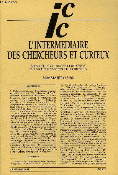 L'INTERMEDIAIRE DES CHERCHEURS ET CURIEUX N 475 - QUESTIONS 1 : Maisons  empilages. - 2 : Monarchie franaise et droit canon. - 3 : 