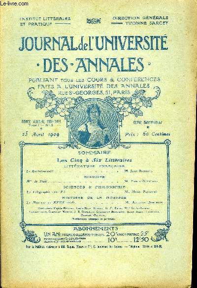 JOURNAL DE L'UNIVERSITE DES ANNALES ANNEE SCOLAIRE 1908-1909 N9 - LITTERATURE FRANAISE Lai J^ochtfvHcavId,M..Jean RicmbpinHISTOIREMme de Stal. .........,,#.M..Fumck-BrentanoSCIENCES Sc PHILOSOPHIELa Tlgraphie sans Fil