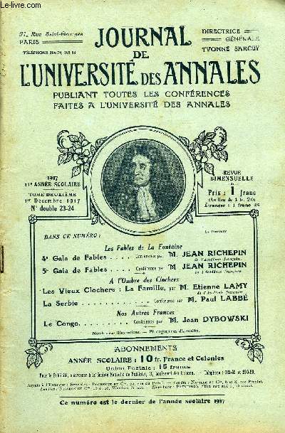 JOURNAL DE L'UNIVERSITE DES ANNALES 11e ANNEE SCOLAIRE N23-24 - Les Fables de La Fontaine 4e Gala de Fables.. . . . Conirence par 